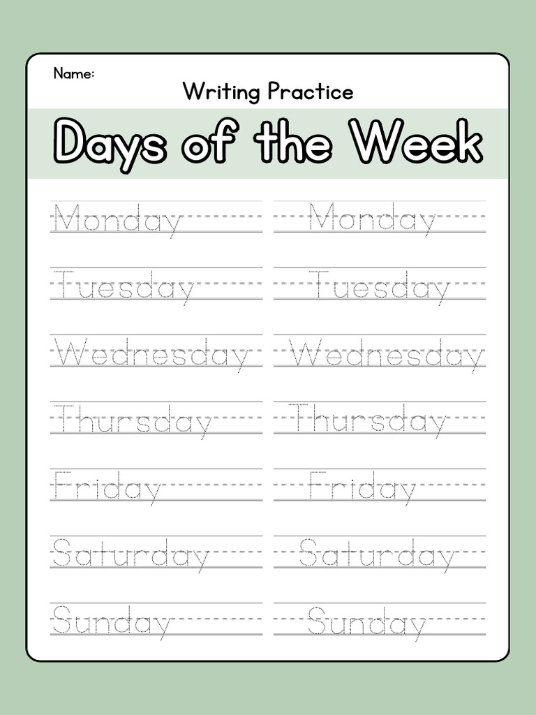 Week Days Writing Practice Worksheet in Green and White Simple Style | PDF
