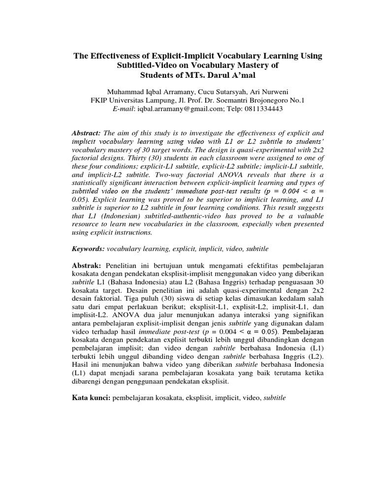 The Effectiveness of Explicit Implicit Vocabulary Learning Using ...