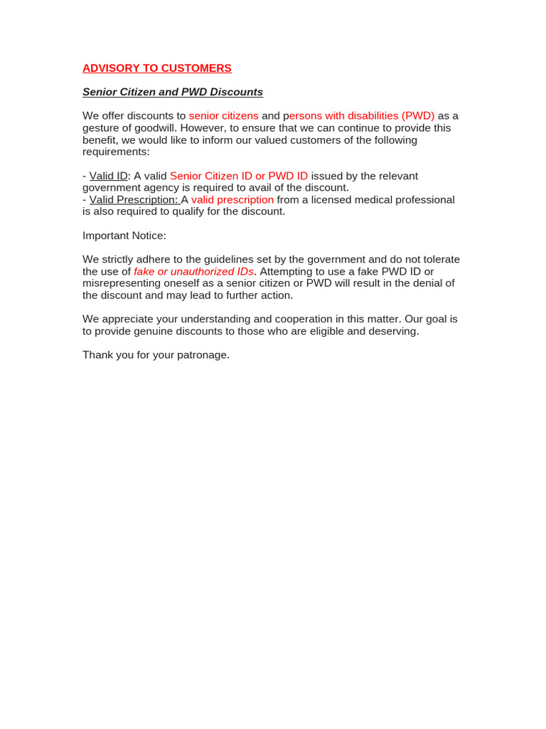 Senior Citizen & PWD Discount Guidelines | PDF