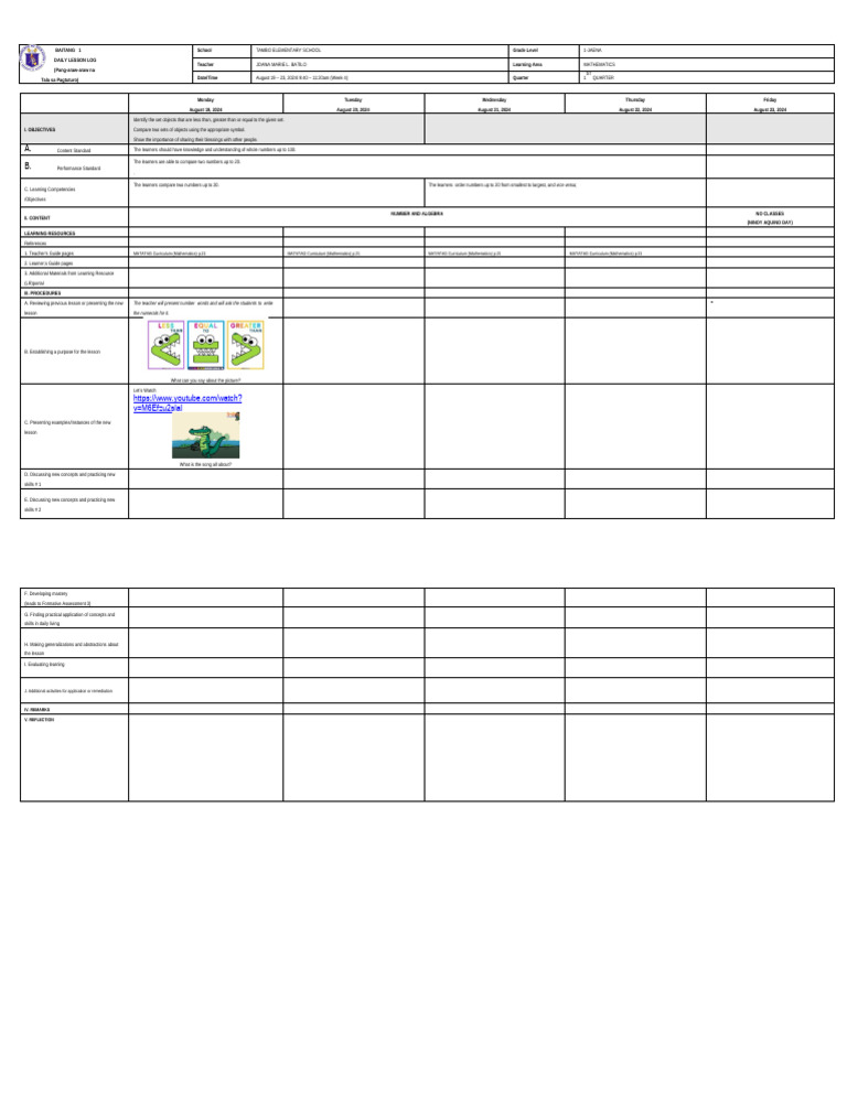 Grade 1 Math Lesson Plan: Week 4 | PDF | Curriculum | Mathematics