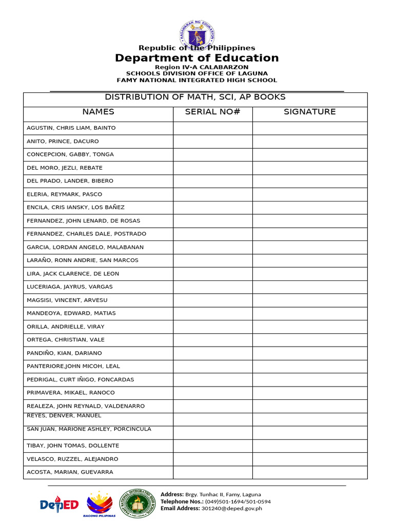 Famy High School Book Distribution List | PDF