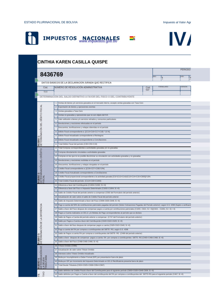 Declaración Jurada IVA Bolivia 2024 | PDF | Impuesto al valor agregado ...