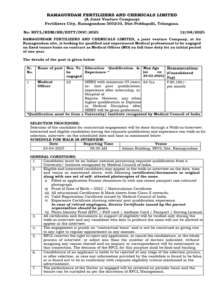 RFCL Medical Officer Recruitment 2025 | PDF