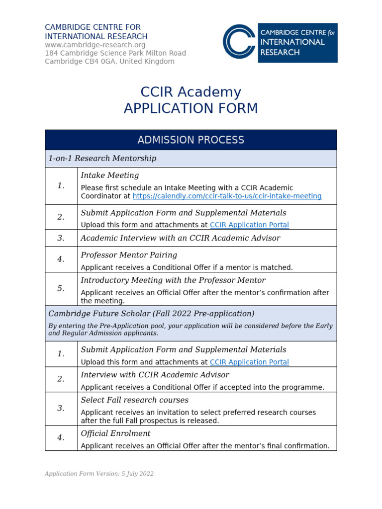 CCIR Academy - Application Form (Fall 2022 Pre-Application) | PDF ...