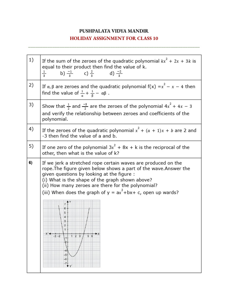 Class 10 Holiday Assignment: Polynomials | PDF | Polynomial | Zero Of A ...