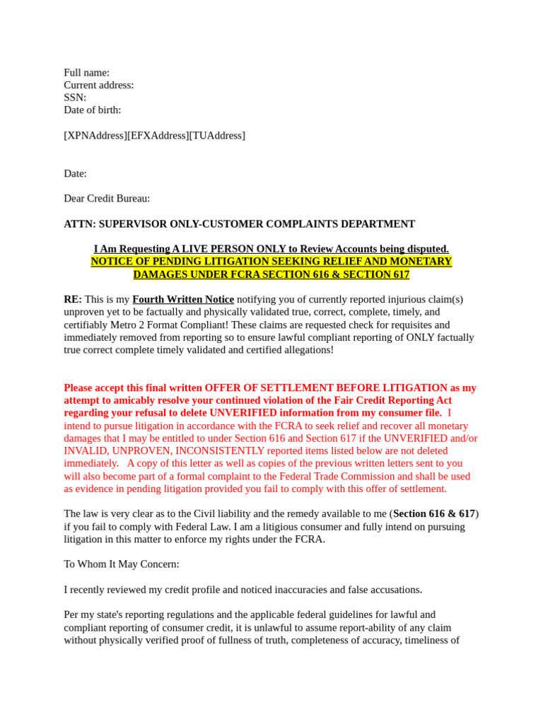 FCRA Complaint Letter Template | PDF | Lawsuit | Social Security Number
