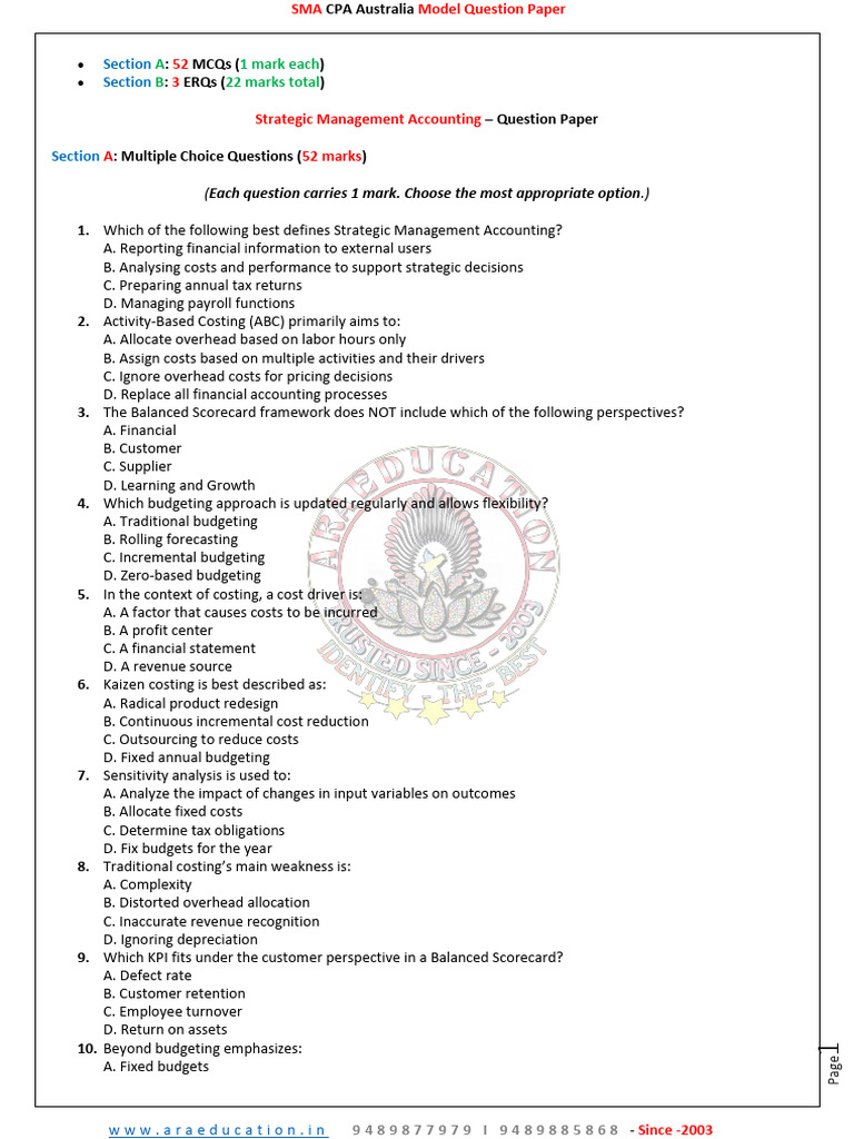 SMA CPA Australia Exam Question Paper | PDF | Cost Accounting | Budget