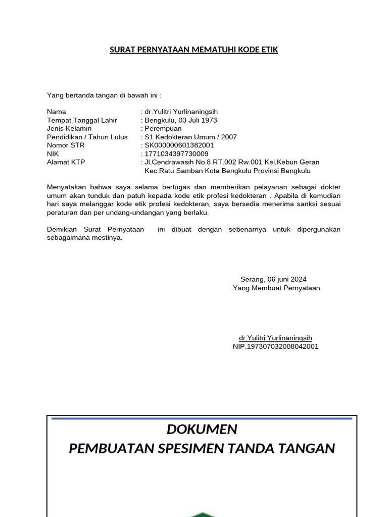 Surat Pernyataan Kode Etik Dokter | PDF