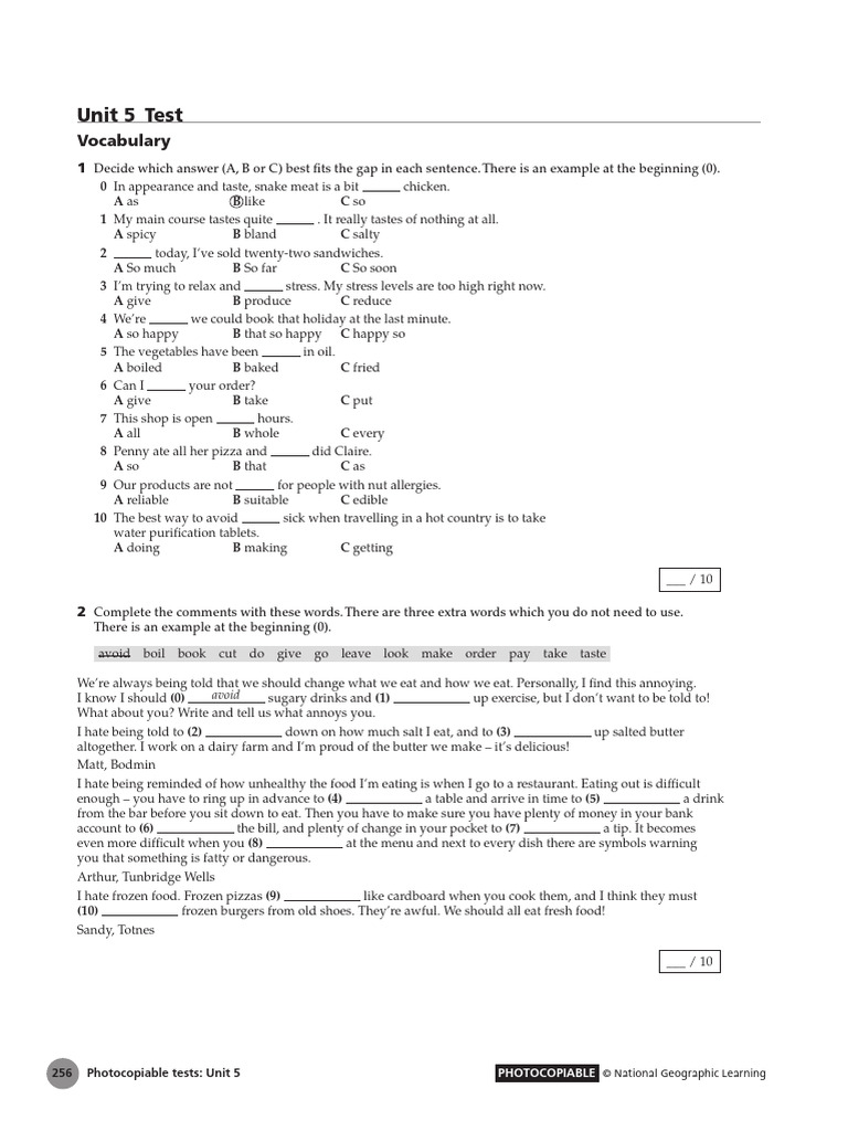 Unit 5 Test: Vocabulary & Grammar | PDF | Fat | Foods