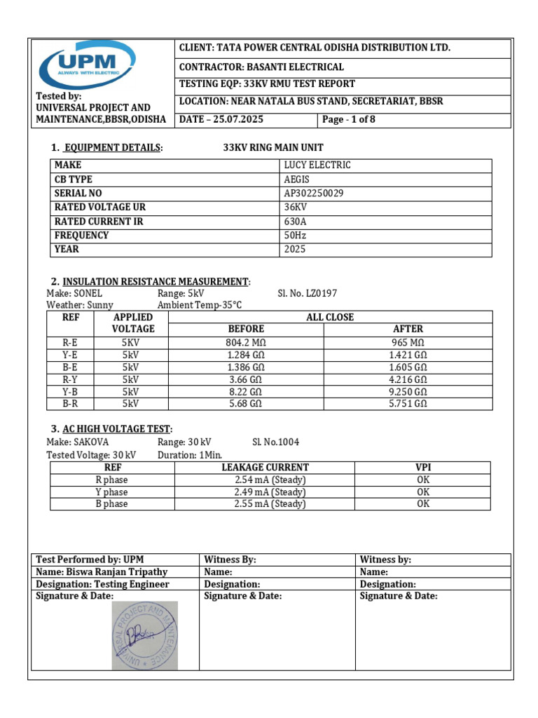 33KV RMU Testing Report for TATA Power | PDF | Electronic Engineering ...