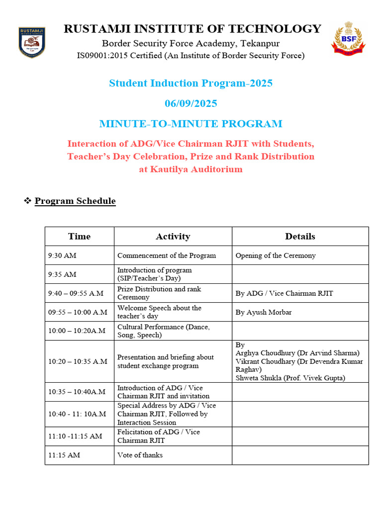 Student Induction Program 2025 Schedule | PDF