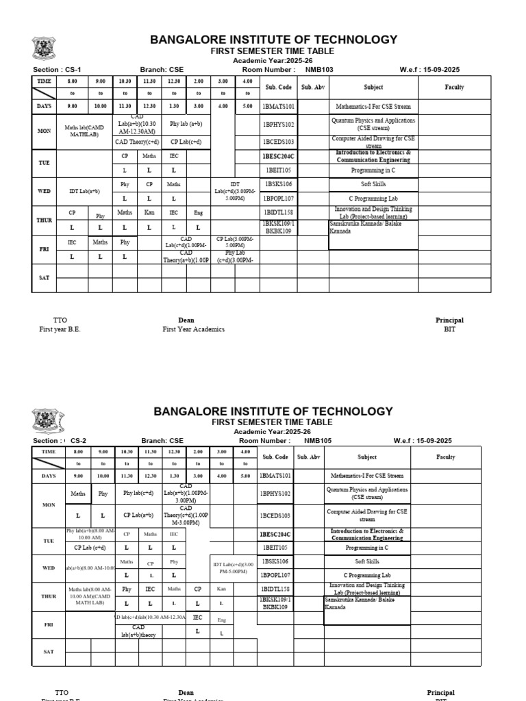 CSE First Semester Time Table 2025-26 | PDF | Mathematics