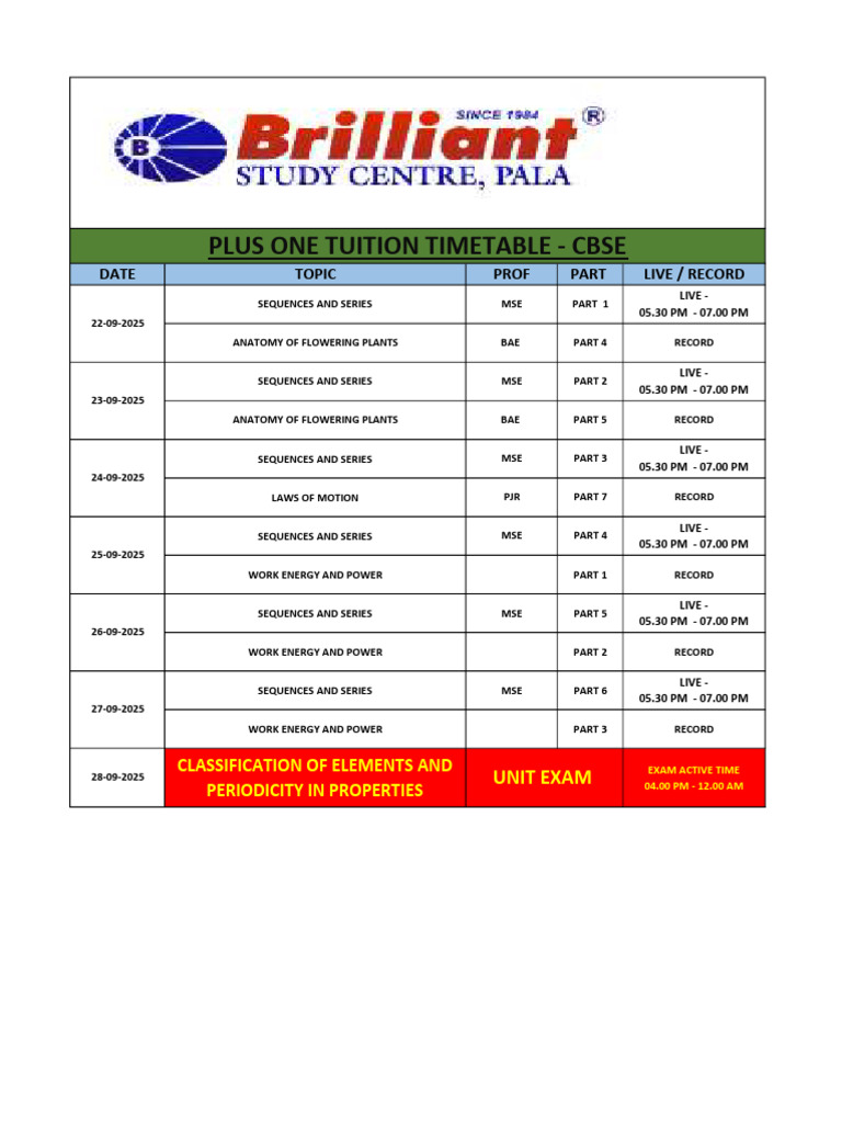 +1 Tuition Shedule (Cbse) - 17 | PDF
