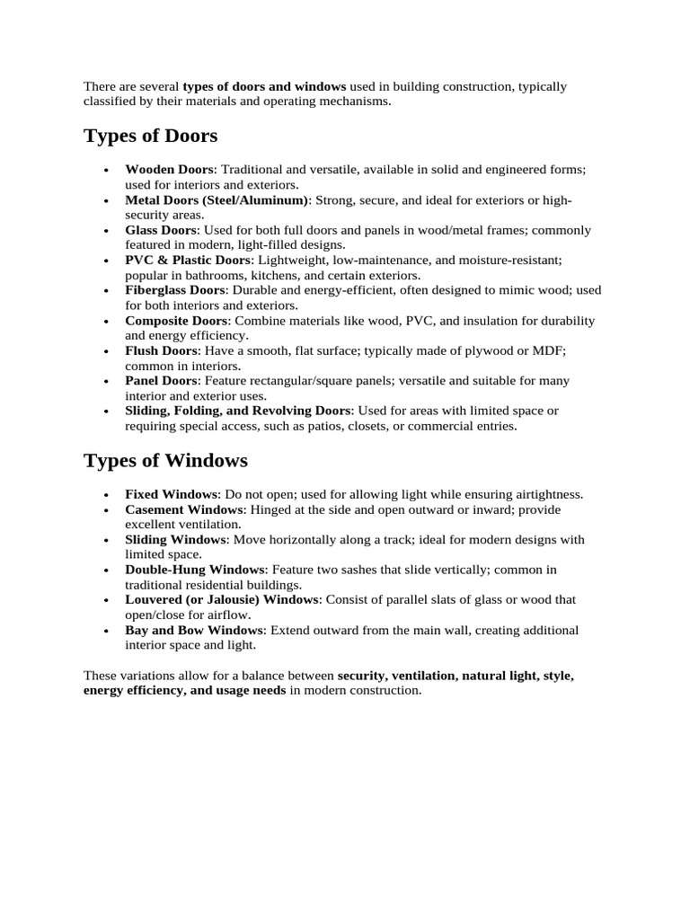 Types of Doors and Windows Explained | PDF