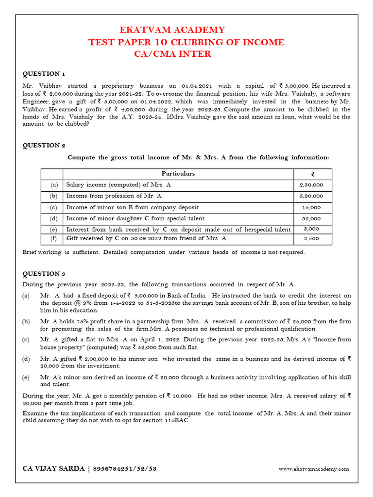 Clubbing of Income Test Paper for CA/CMA | PDF | Banks | Income