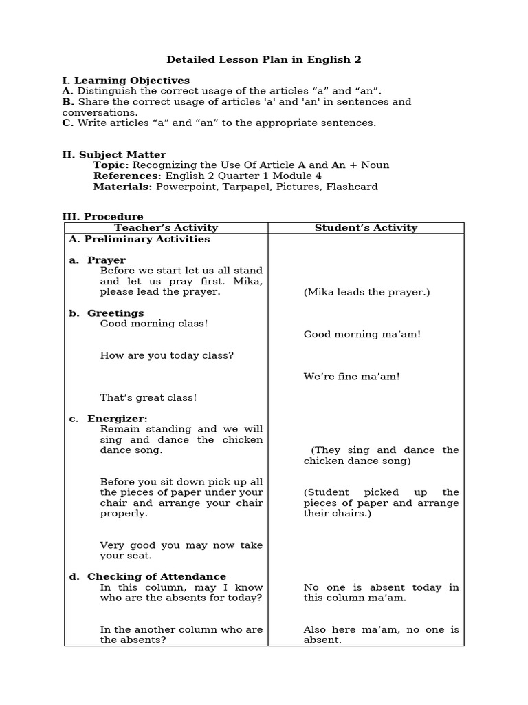 Lesson Plan: Articles "A" and "An" | PDF | Consonant | English Language