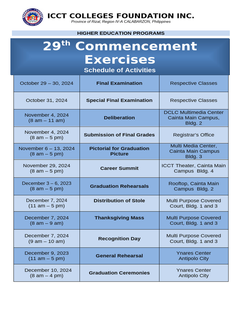 ICCT Colleges Graduation Schedule 2024 | PDF
