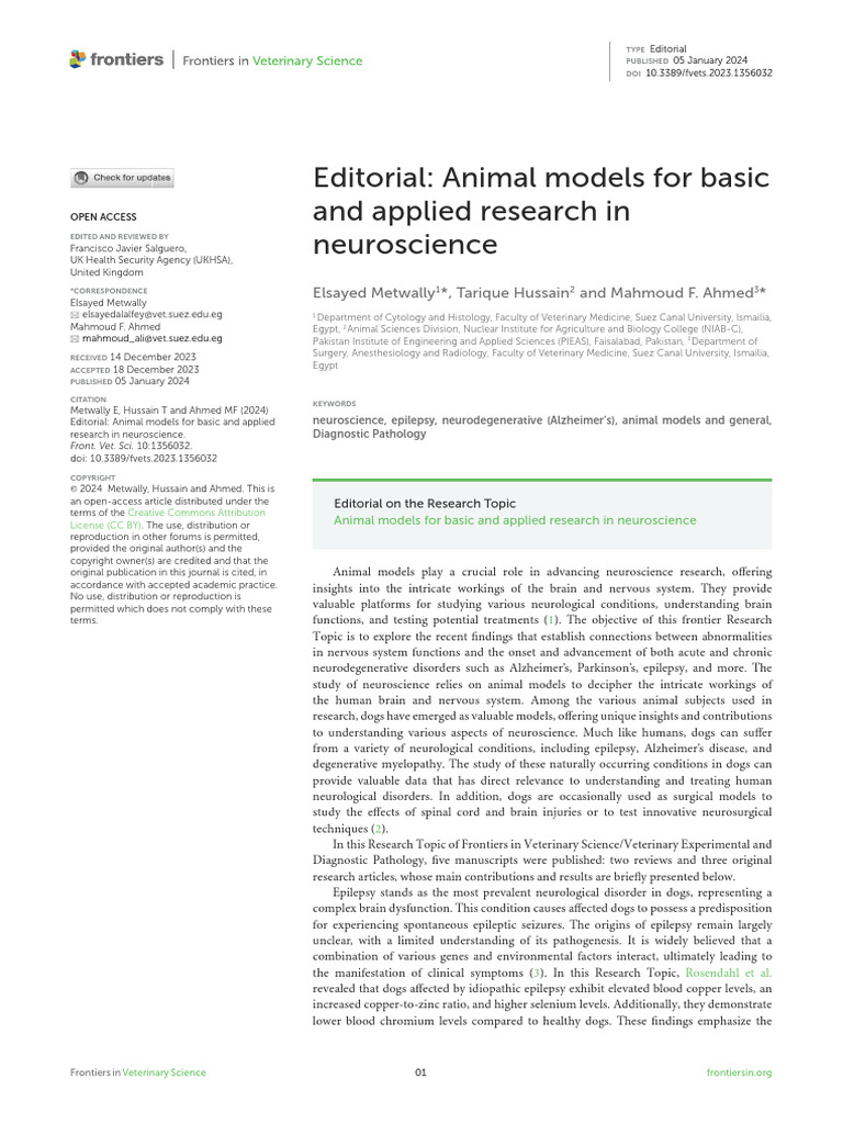 Editorial Animal Models For Basic and Applied Research in Neuroscience ...