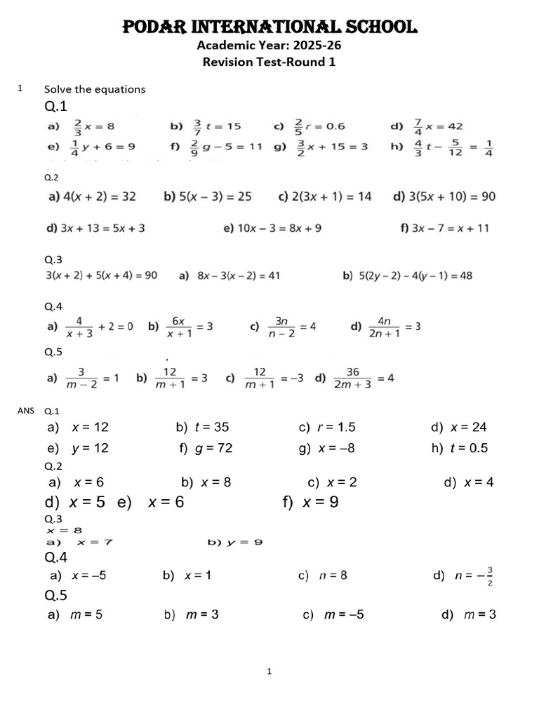Grade 7 Math Revision Test 2025-26 | PDF