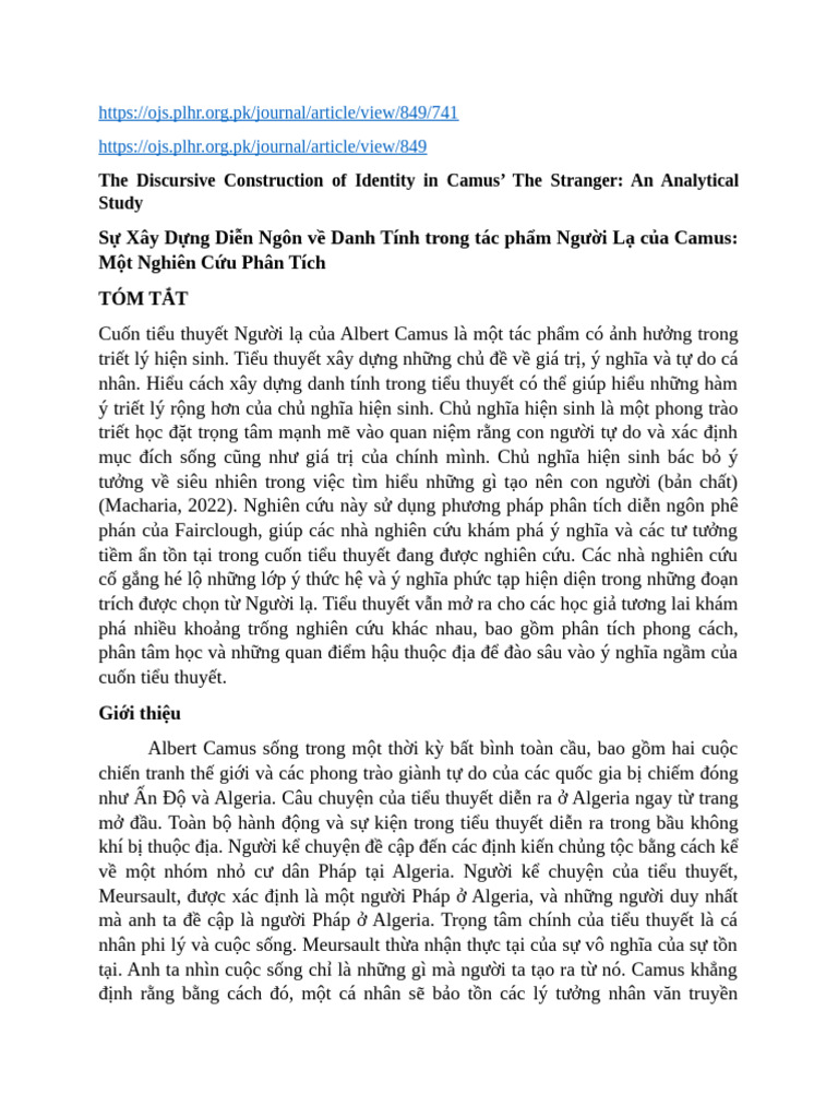 The Discursive Construction of Identity in Camus' The StrangerAn ...