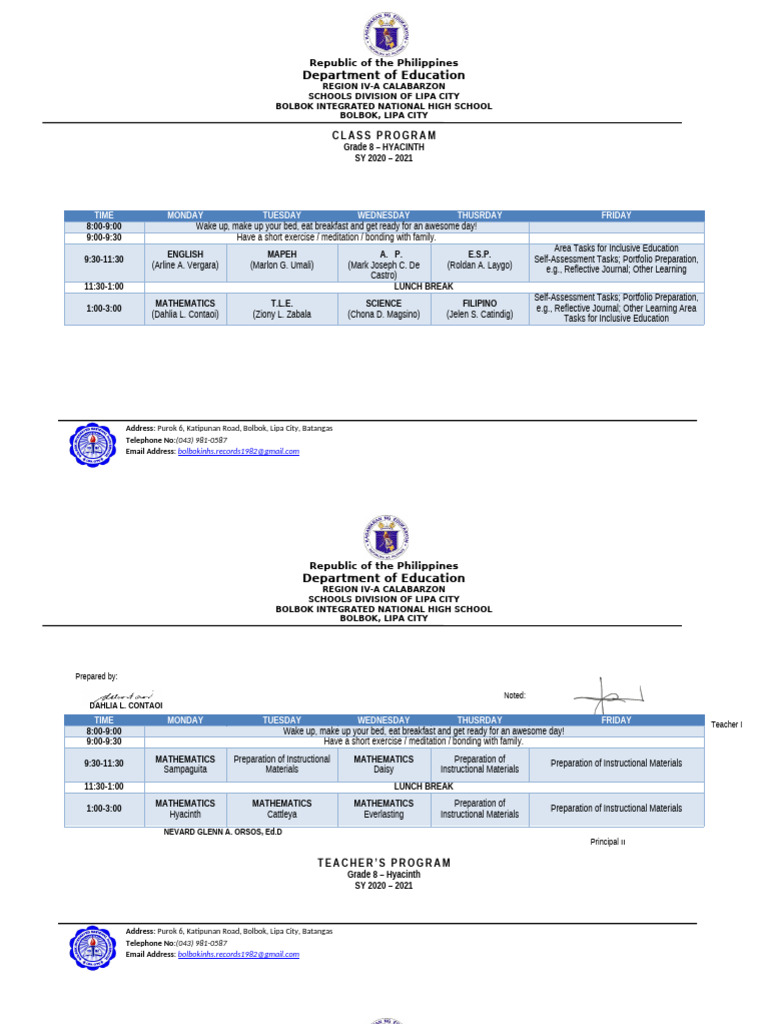 Grade 8 Class Program 2020-2021 | PDF | Asia | Southeast Asia