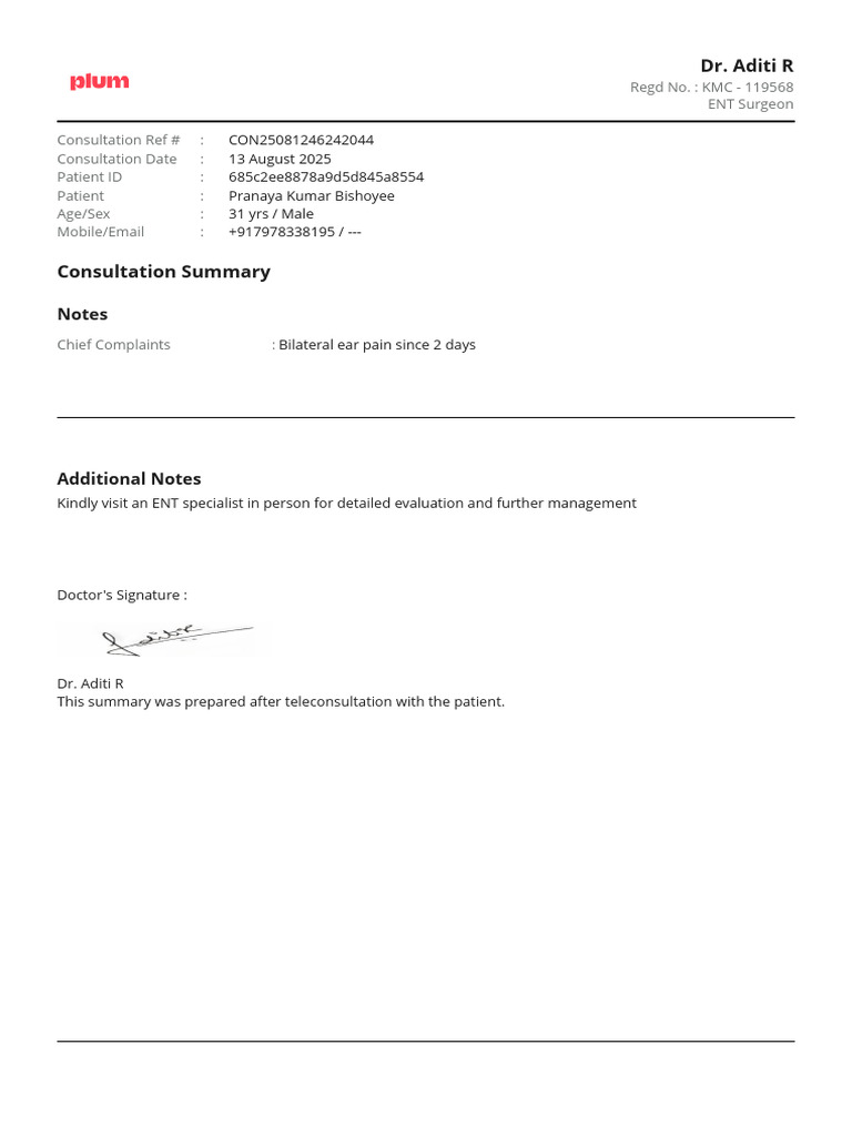 ENT Consultation Summary for Ear Pain | PDF