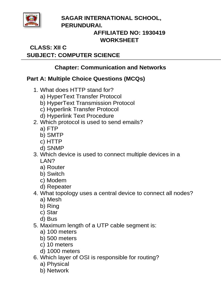 Class XII Computer Science MCQs on Networks | PDF | Computer Network ...