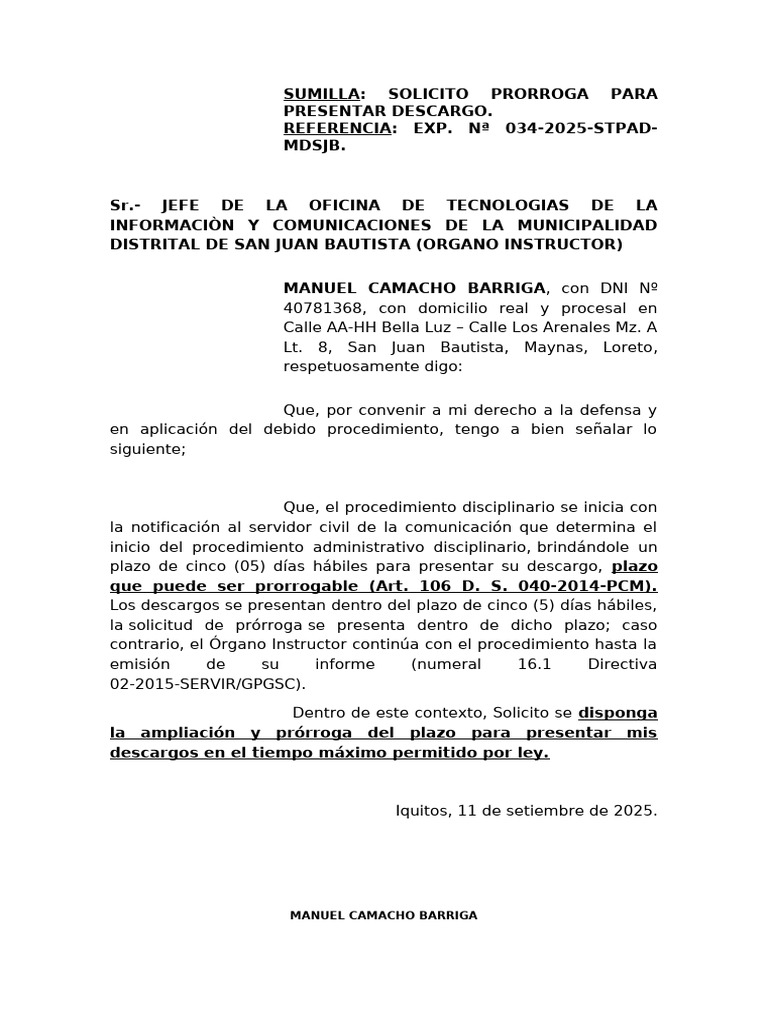 Solicitud de Prórroga para Descargo | PDF