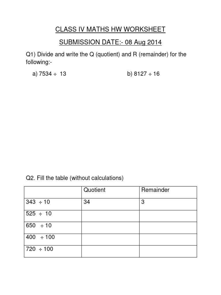 CBSE Class 4 Maths Revision Worksheet (113) - Division - 3 | PDF