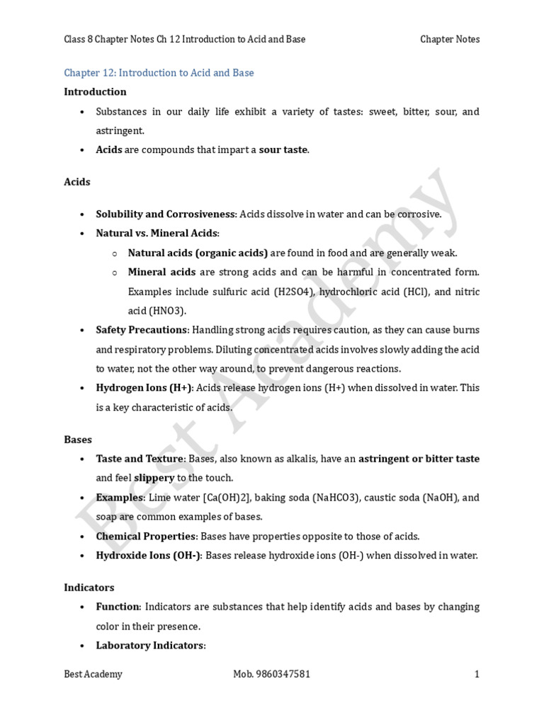 Class 8 Acid and Base Chapter Notes | PDF | Acid | Hydroxide