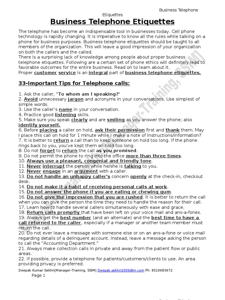 Business Telephone Etiquettes PDF Telephone Etiquette