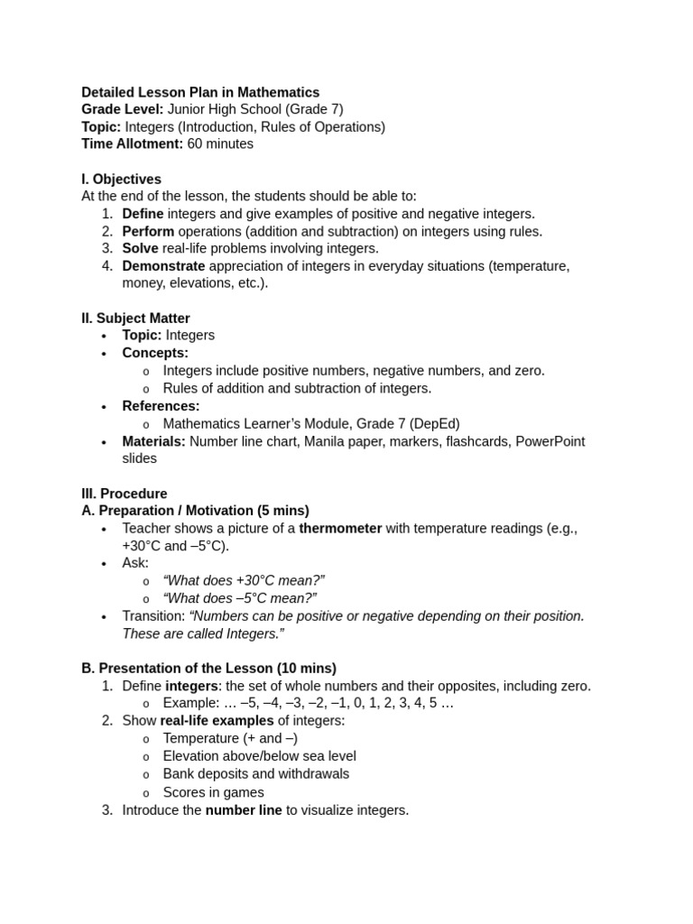 Grade 7 Lesson Plan on Integers | PDF | Lesson Plan | Integer