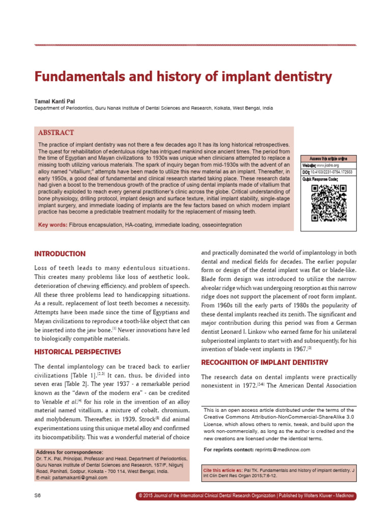 History and Fundamentals of Implant Dentistry | PDF | Dental Implant ...