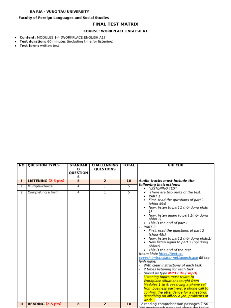 Final Test Matrix - Workplace English A1 | PDF | Learning | Pedagogy