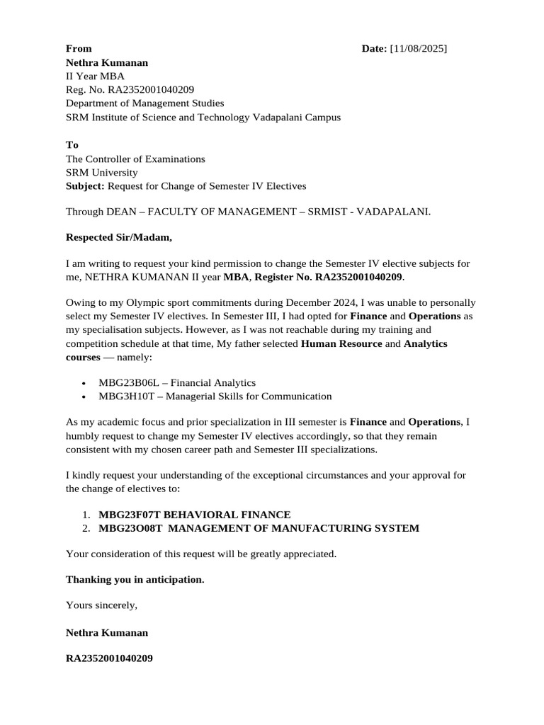 Nethra Elective Change Request Letter | PDF