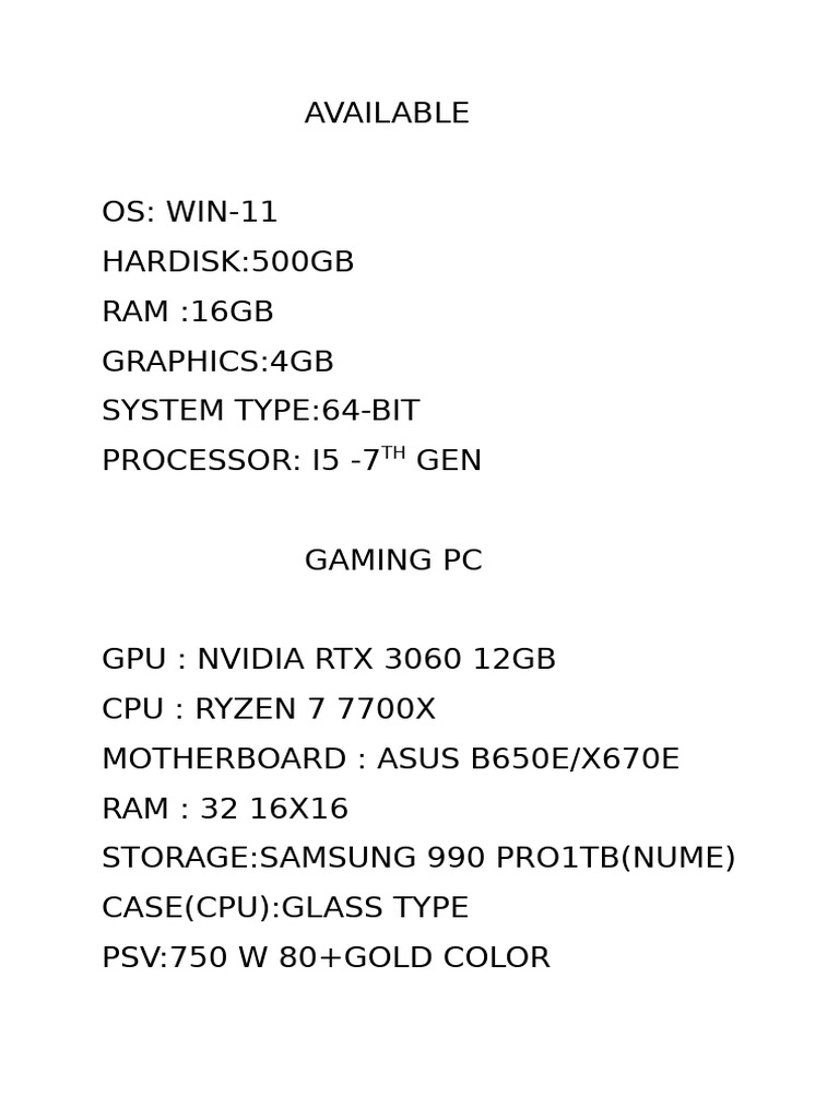 High-Performance Gaming & AI PC Specs | PDF