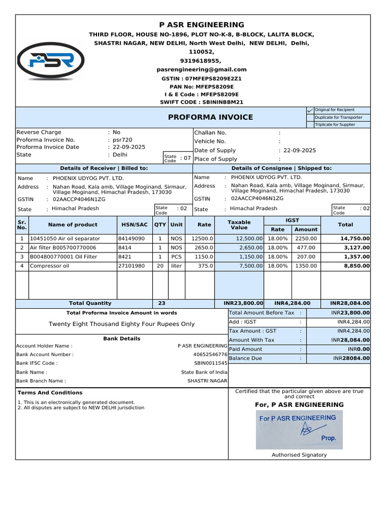 Proforma Invoice for P ASR Engineering | PDF | Government | Taxation