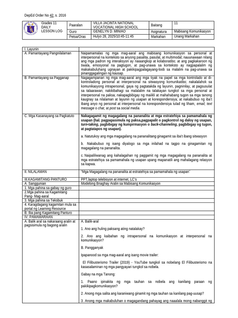 DLP Template Fil Annex1B DepEd Order No 42 S 2016 | PDF
