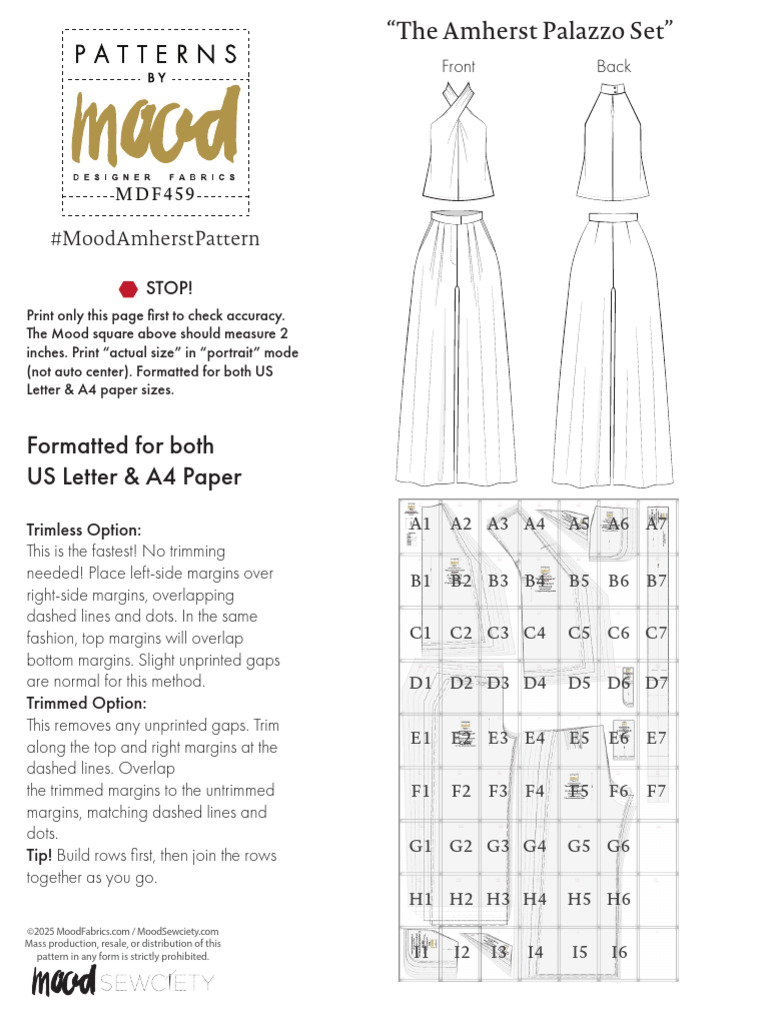 MDF459 Amherst Palazzo Set Free Sewing Pattern Sizes XS 5XL A4 Letter ...