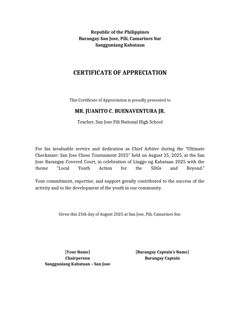 Certificate of Appreciation for Chess Tournament | PDF