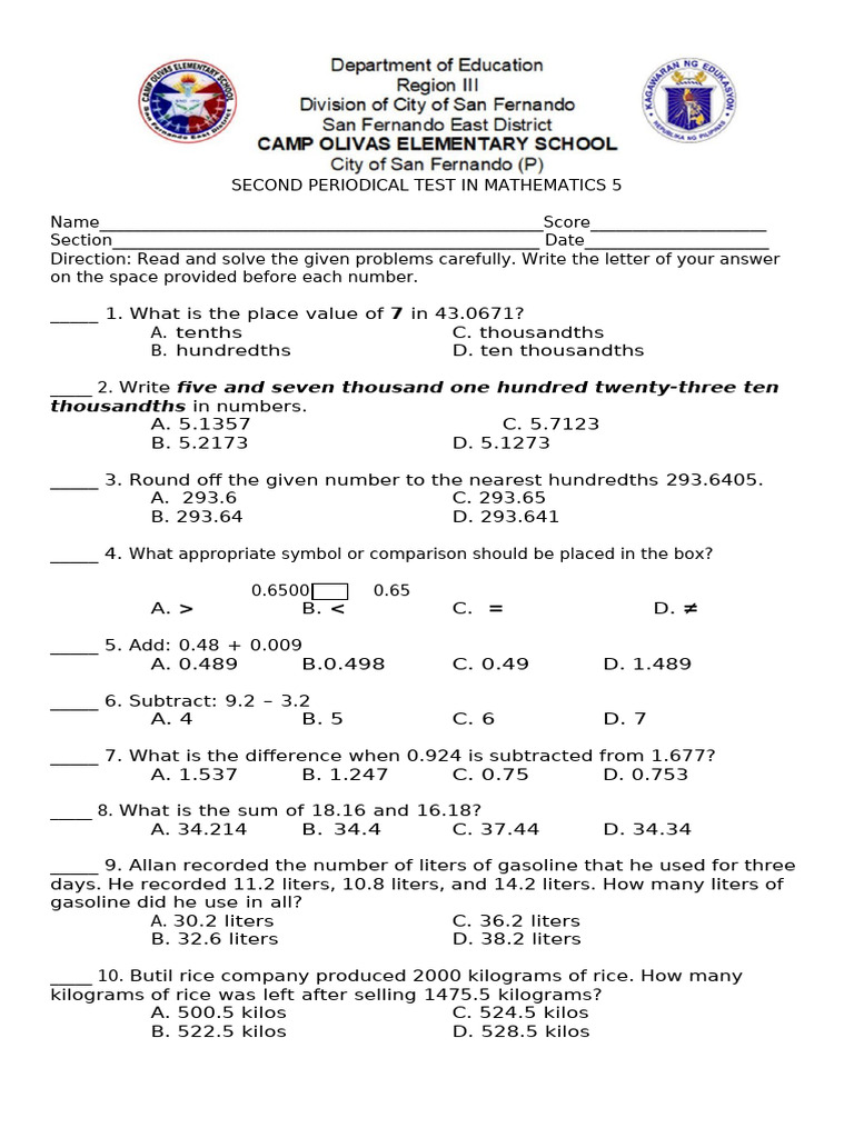 Math 5 Periodical Test Questions | PDF | Numbers | Mathematics
