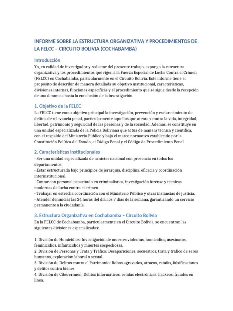 Estructura y Procedimientos de la FELCC Cochabamba | PDF | Policía ...