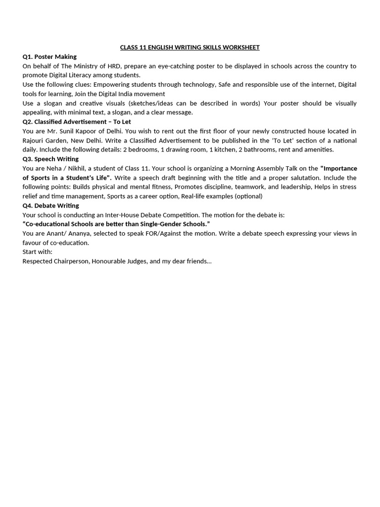 Class 11 English Writing Skills Guide | PDF