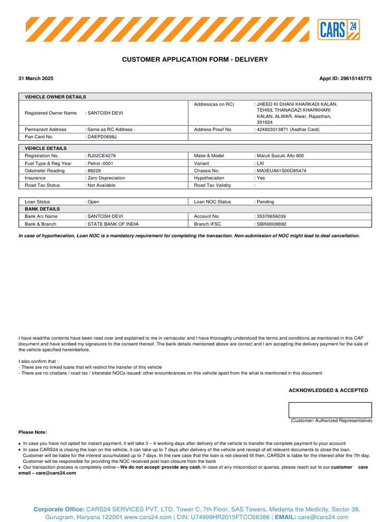 Customer Application Form for Vehicle Delivery | PDF | Arbitral ...