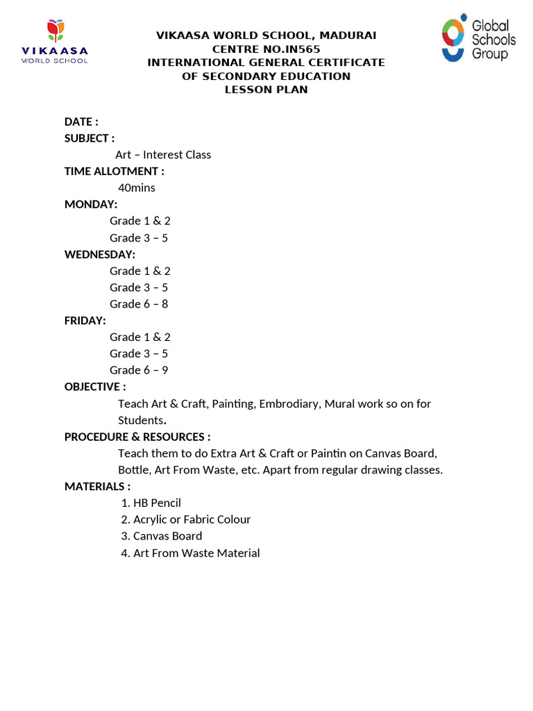 Art Lesson Plan for Vikaasa School | PDF