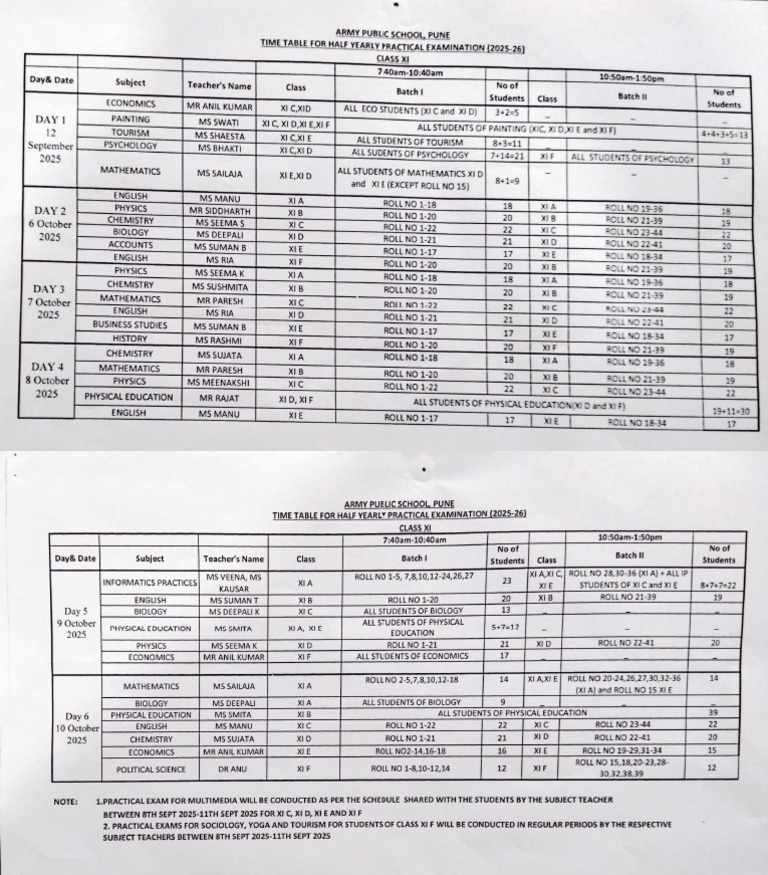 Class XI Half-Yearly Exam Schedule 2025 | PDF | Science