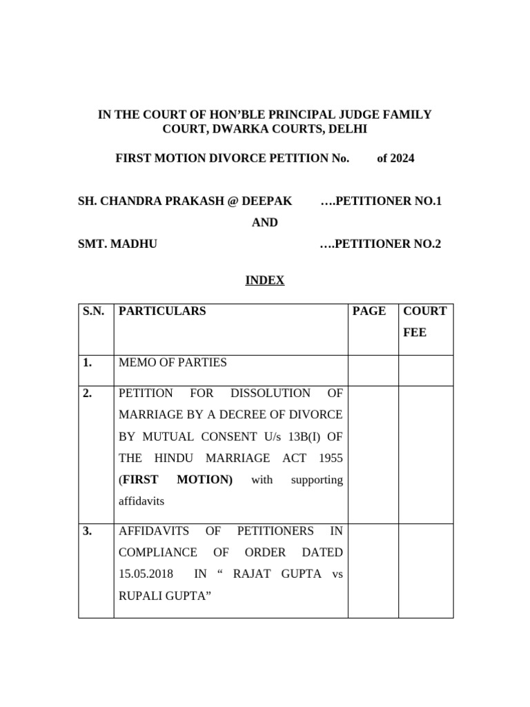 First Motion Divorce Petition Delhi | PDF | Affidavit | Divorce