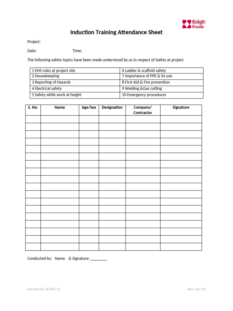 Induction Training Attendance Sheet | PDF