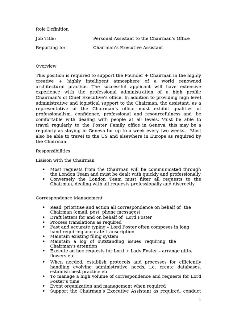 Personal Assistant to Chairman Role | PDF | Skill | Communication