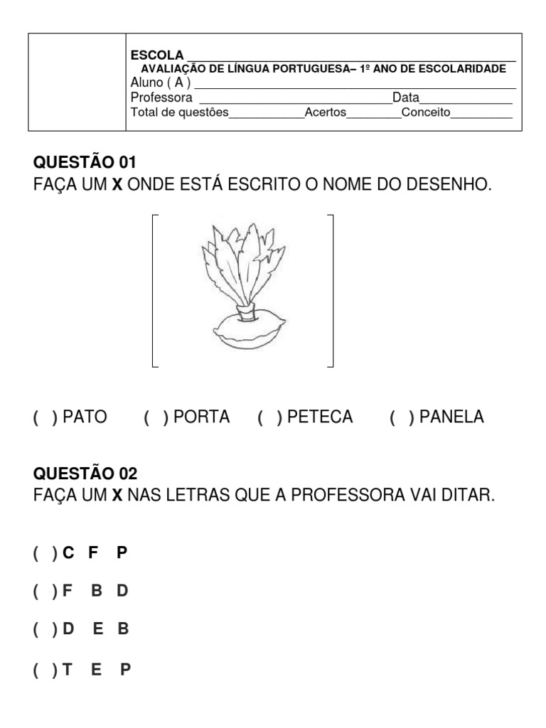 Prova de Português - 1º Ano | PDF
